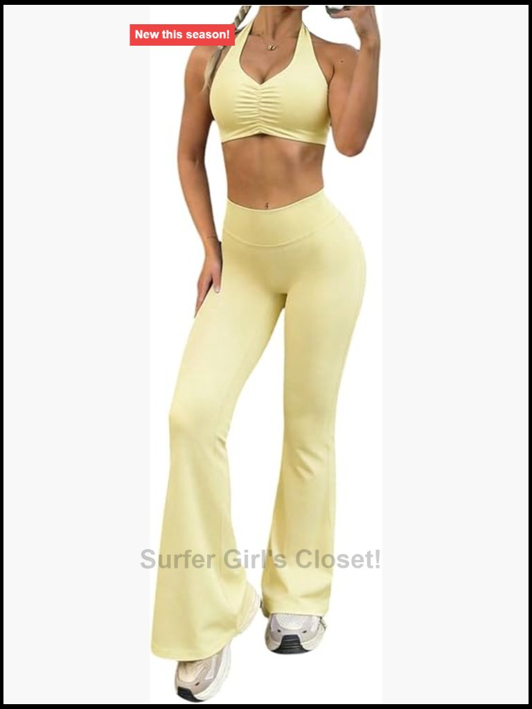 Women's Two Piece Workout Set Halter Top Flare Pants Slim Fit Yoga Activewear